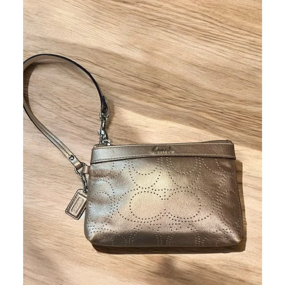 Coach Metallic Bronze Leather Perforated Wristlet